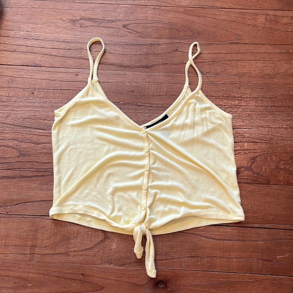 light yellow ribbed tie-front top